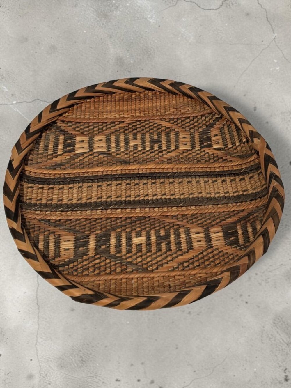 Handwoven Round Tribal Rattan Basket With Geometric Pattern  12"
